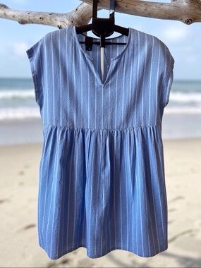 World Market Blue Stripe Seersucker Babydoll Tunic Dress NWT One Size